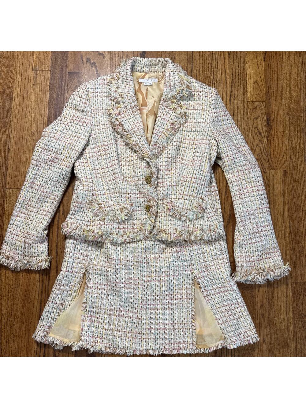 ICE Skirt Jacket Blazer Suit Set Fringe Cuffs Gold Buttons Sheer Silk Size 8 C8